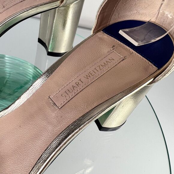 Stuart Weitzman Nudist Heel Sandals Gold Ankle Strap Open Toe Block - Picture 6 of 9